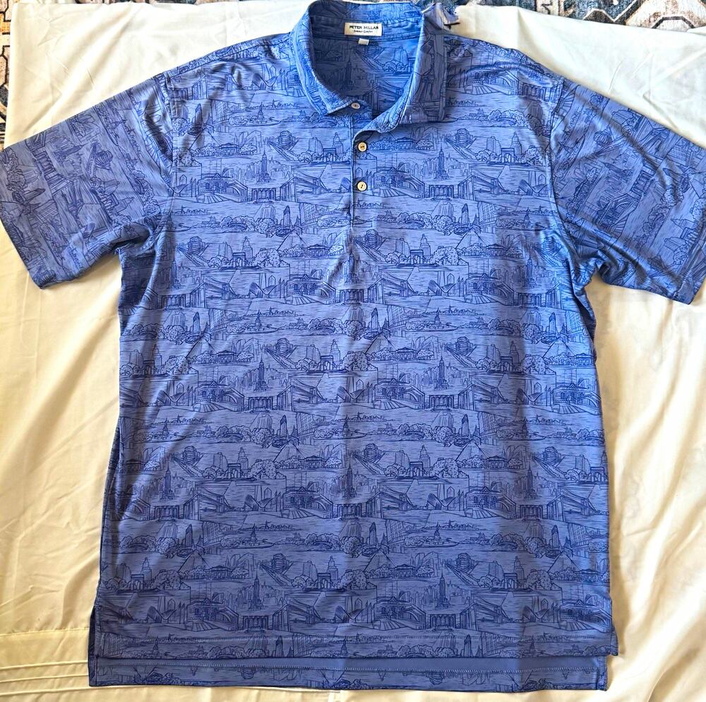 Peter Millar Summer Comfort Polo Men XL Blue Cityscape Print Golf Performance